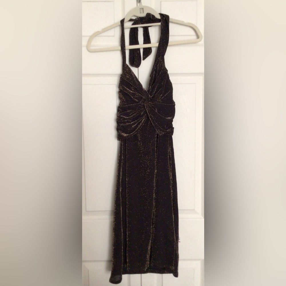 Brown Metallic Halter Formal Dress